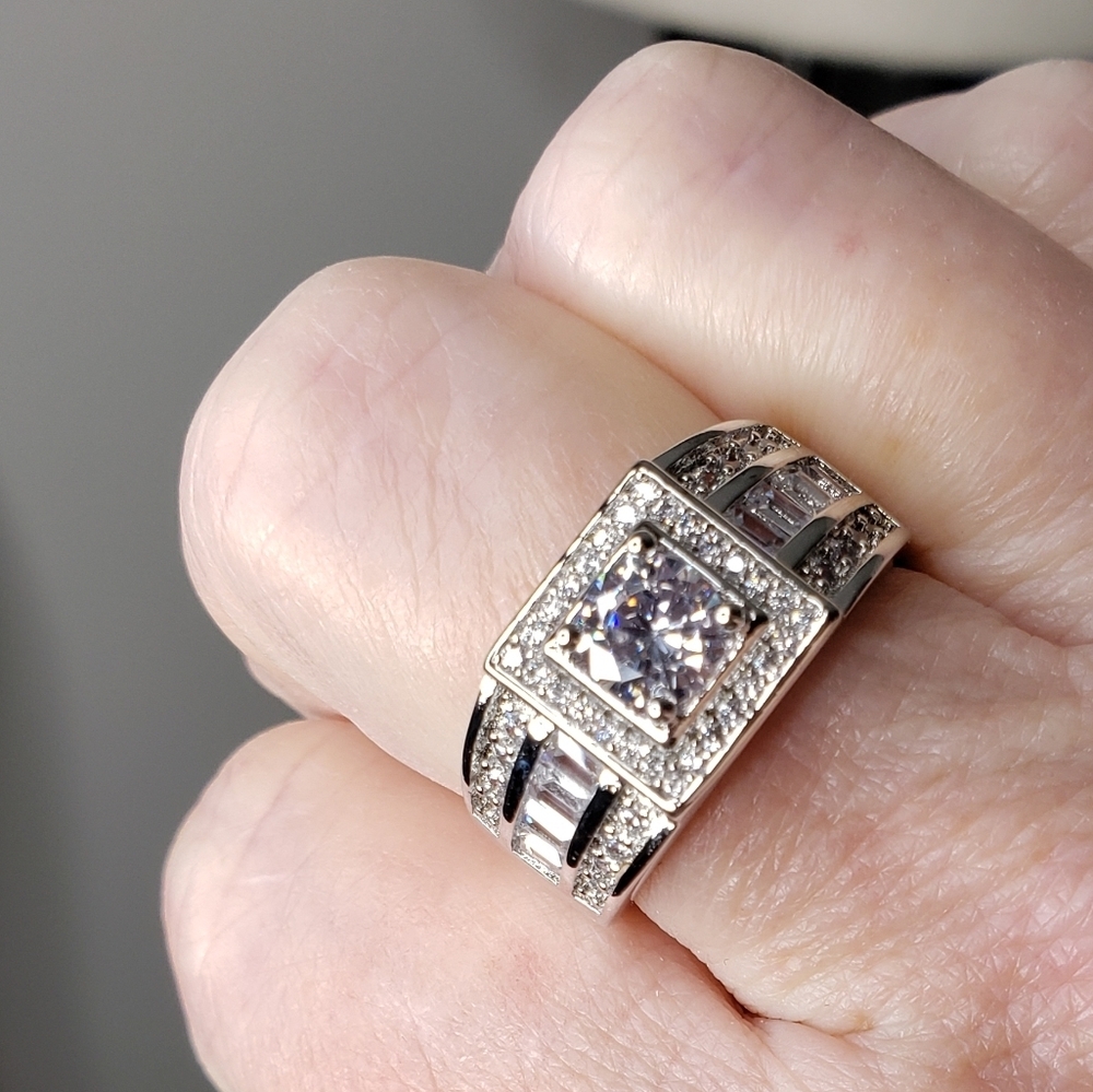 14K White Gold Sterling Silver Wedding Thick Heavy Masculine Ring Luxury - Picture 8 of 13